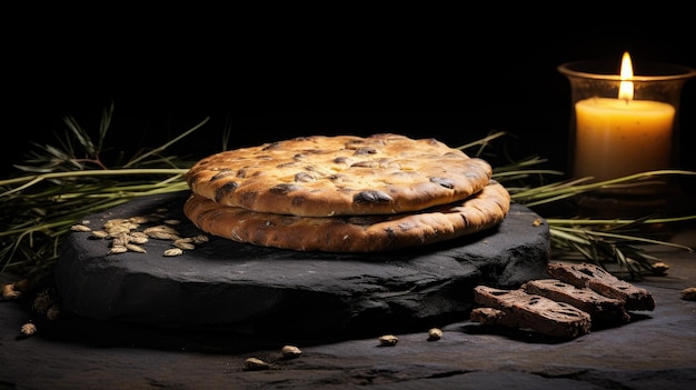 Un gâteau de pita d'orge frais avec des prières en gros plan