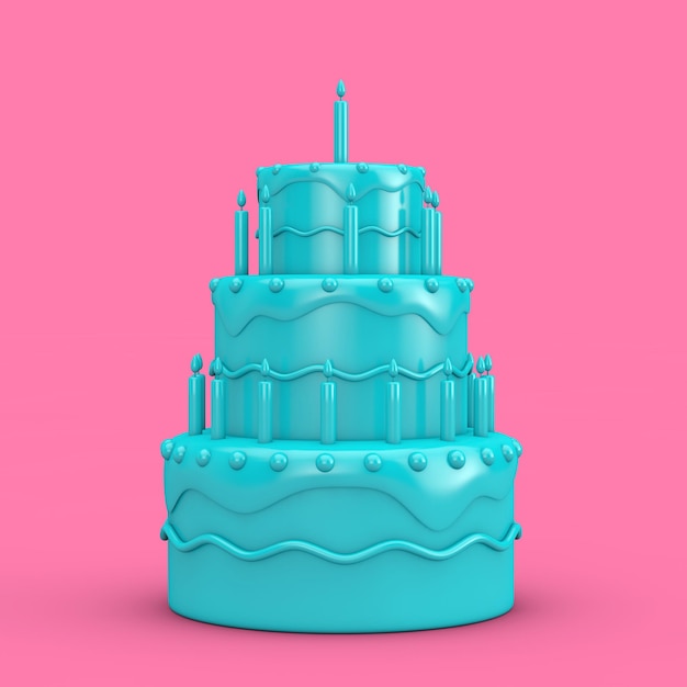 Gâteau à plusieurs niveaux de dessert de dessin animé d'anniversaire bleu avec des bougies dans le style de bichromie sur un fond rose rendu 3d