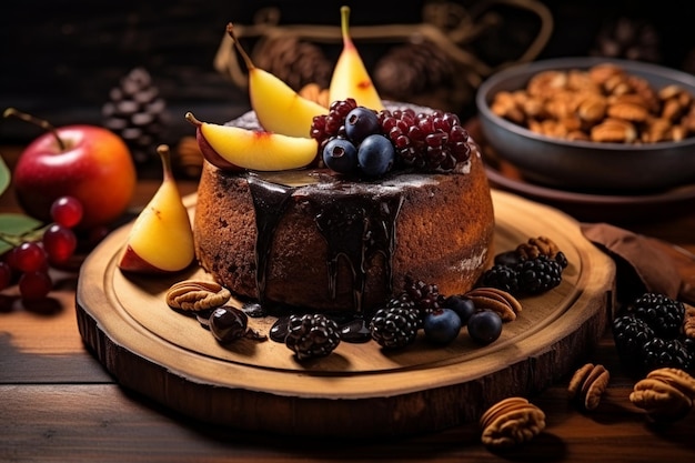 Gâteau de poire sur la planche de bois avec du chocolat de noix et des fruits frais vue latérale