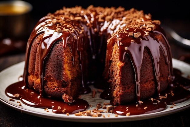 Un gâteau de pommes de terre au chocolat avec des éclaboussures