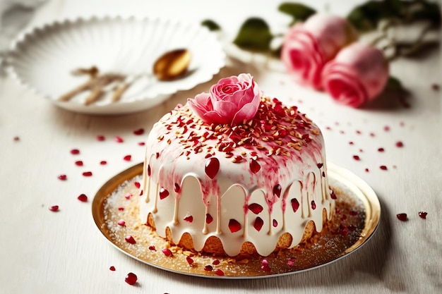 Gâteau pour la Saint-Valentin Fête des mères ou anniversaire décoré de roses Saint-Valentin avec amour Illustration AI générative