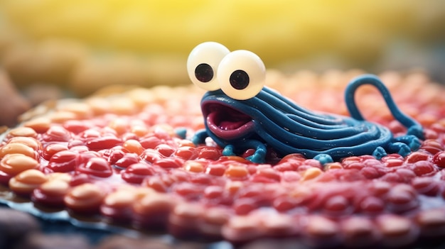 Un gâteau qui ressemble à un monstre avec des yeux ai