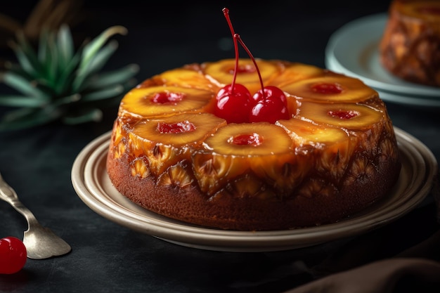 Un gâteau renversé à l'ananas avec une cerise sur le dessus