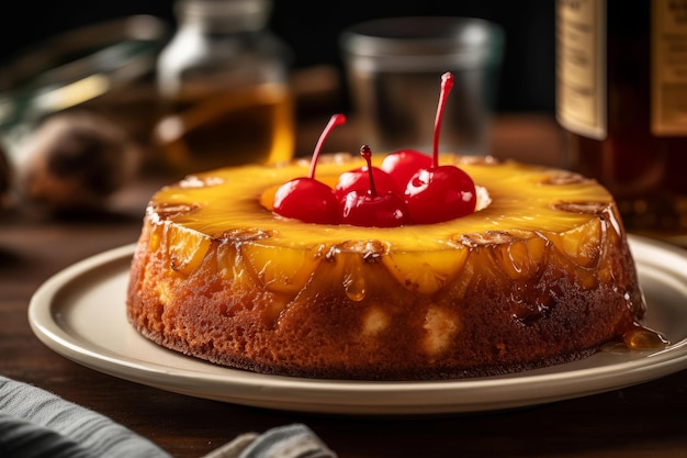 Un gâteau renversé à l'ananas avec des cerises sur le dessus