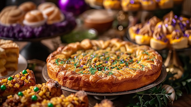 Gâteau roi avec décor vert jaune violet Table avec des friandises traditionnelles de Mardi Gras