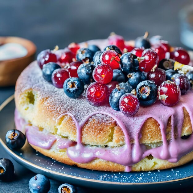 gâteau rond au cassis cuit au four et saupoudré de sucre glace gros plan