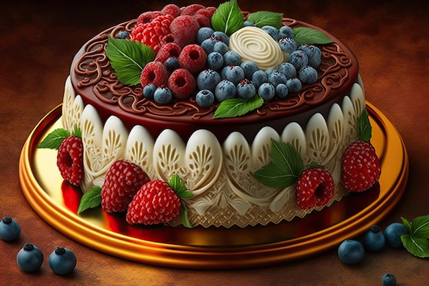 Gâteau rond en velours rouge décoré de crème et de baies créé avec une IA générative