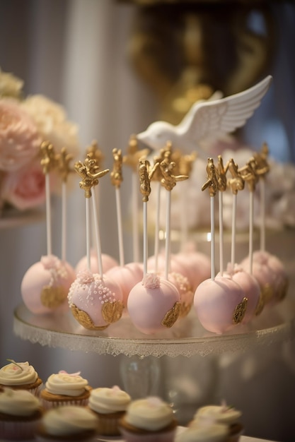 Gâteau rose avec des ailes d'ange dorées sur le dessus.