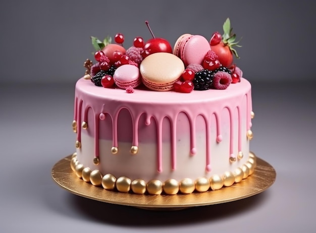 Un gâteau rose avec des baies