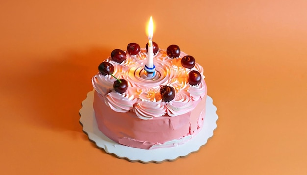 Un gâteau rose avec une bougie et des cerises dessus