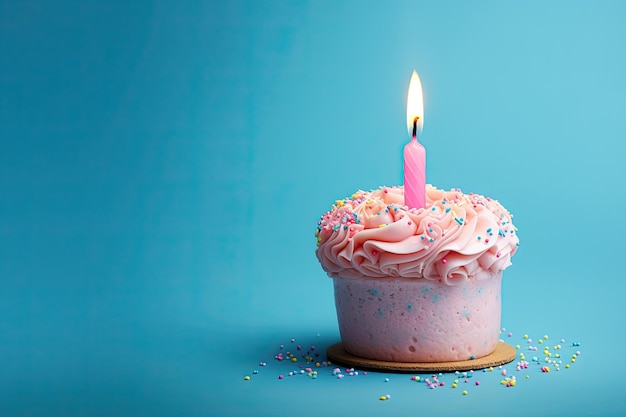 Gâteau rose avec une bougie sur fond bleu