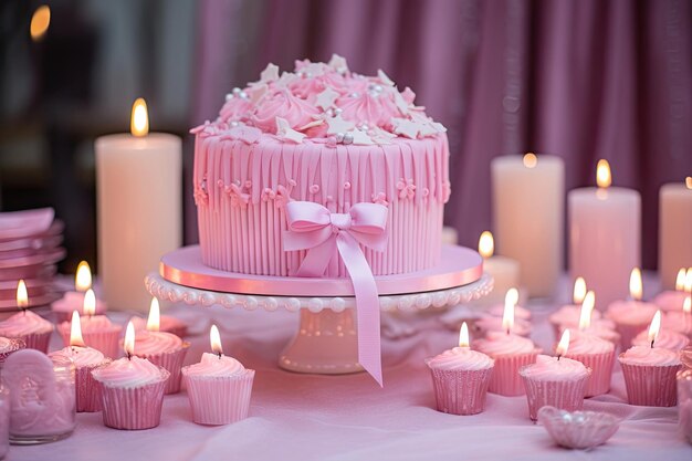 Un gâteau rose avec des cupcakes