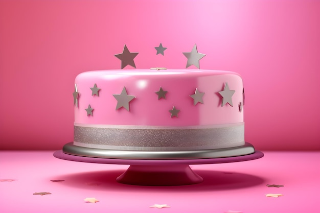 Un gâteau rose avec des étoiles argentées dessus