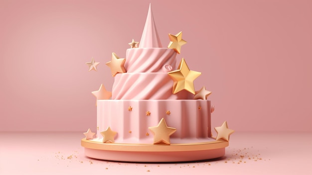 Un gâteau rose avec des étoiles dorées sur le dessus.