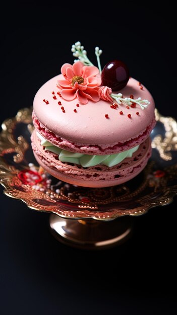 Photo un gâteau rose avec une fleur verte et rose dessus