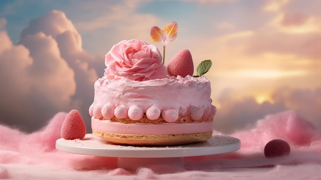 Un gâteau rose avec une fraise dessus