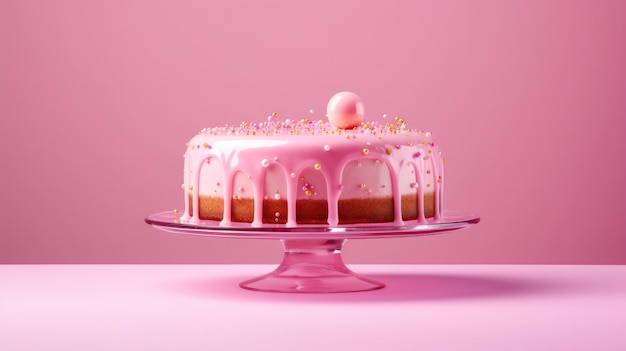 Un gâteau rose avec un glaçage rose et des paillettes dorées sur le dessus.