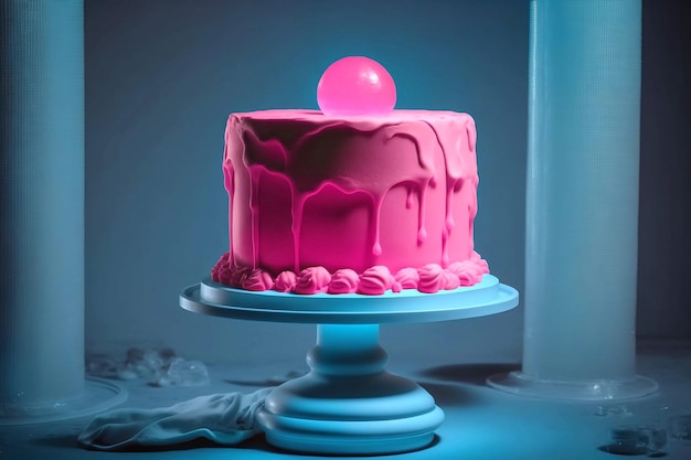 Gâteau rose placé sur un support à gâteaux, fond bleu, délicieux gâteau aromatisé au chewing-gum