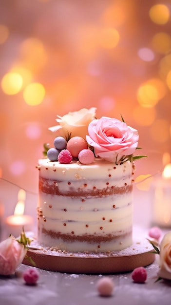 Un gâteau avec une rose rose sur le dessus