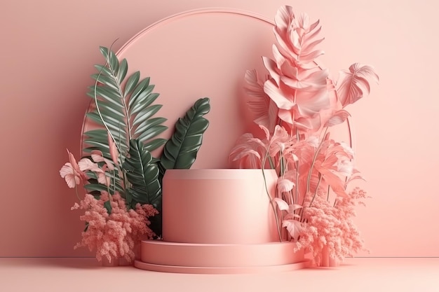 Gâteau rose avec de la verdure sur une table créée avec la technologie Generative AI