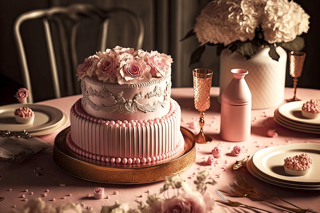 Gâteau rose vintage élégant sur table à table de fête d'anniversaire et décorations