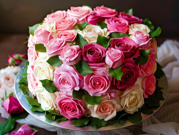 Un gâteau avec des roses roses et blanches sur le dessus