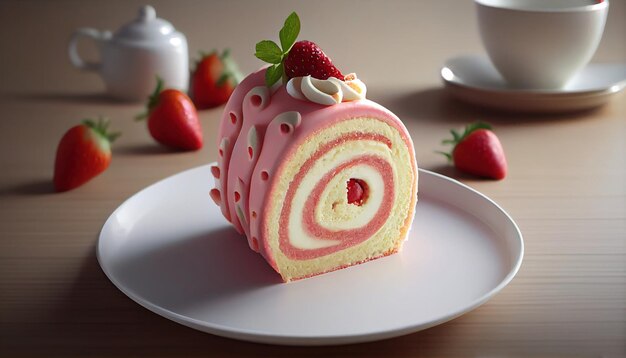 Un gâteau roulé aux fraises avec une garniture aux fraises est sur une assiette.