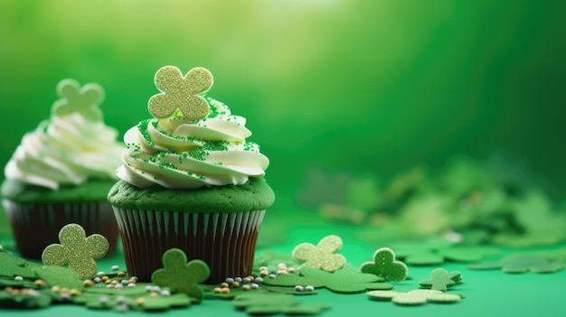 Un gâteau de la Saint-Patrick avec de la crème fouettée décoré de trèfle sur fond vert