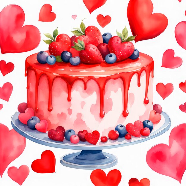 Gâteau de la Saint-Valentin à l'aquarelle décoré de cœurs sur fond blanc