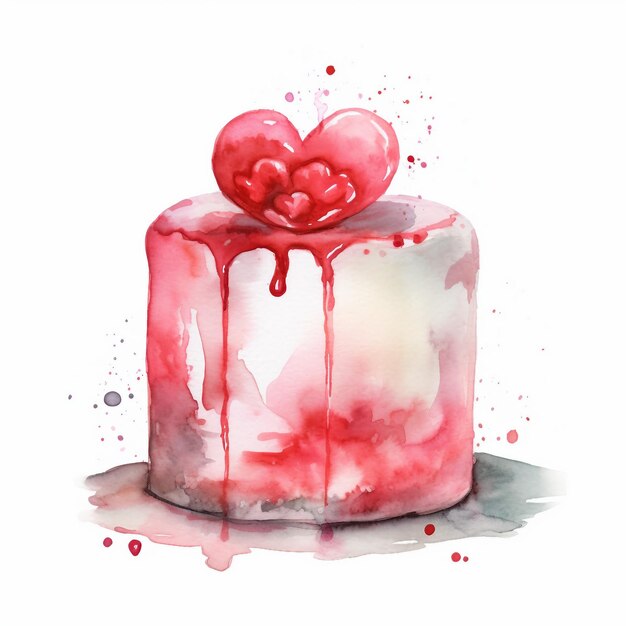 Un gâteau de la Saint-Valentin à l'aquarelle avec un seul fond blanc généré par l'IA