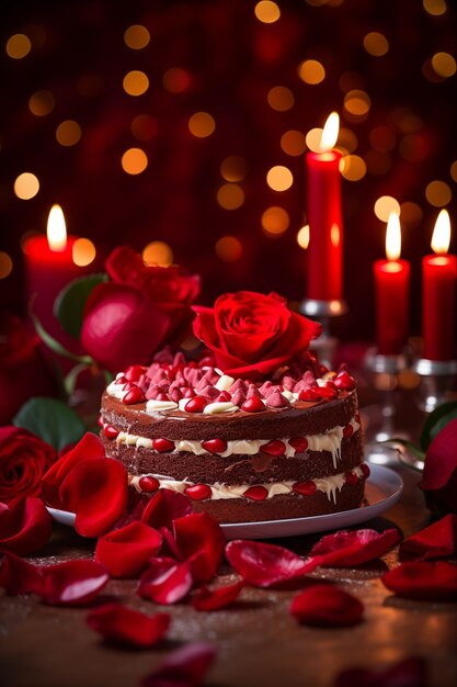 Un gâteau de la Saint-Valentin avec des cœurs, des bonbons et des desserts en arrière-plan.