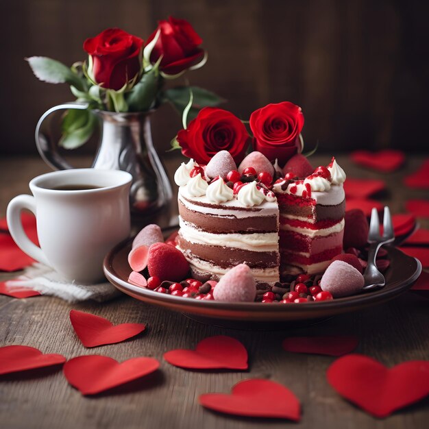 Gâteau de Saint Valentin avec gâteau de roses rouges et café sur fond en bois