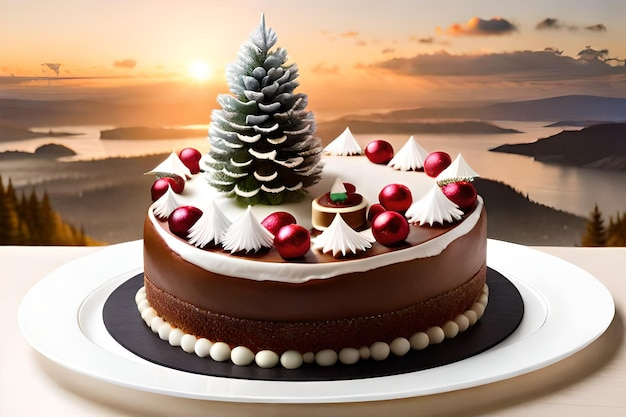 Un gâteau avec un sapin de Noël dessus