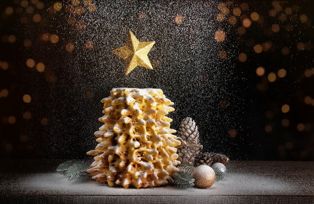 Gâteau de sapin de Noël avec une étoile et du sucre en poudre qui tombe. Gâteau de Noël décoré sur une table en bois.