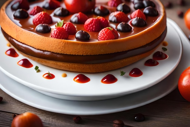 Un gâteau avec une sauce au chocolat et aux framboises sur le dessus