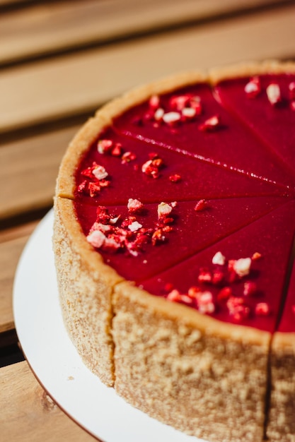 Un gâteau avec une sauce aux framboises sur le dessus