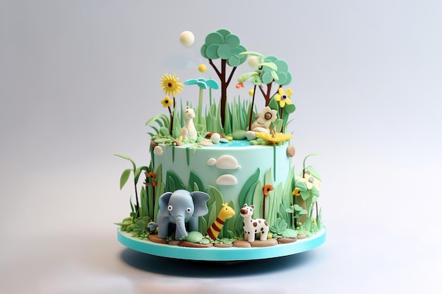 Gâteau sauvage animaux verts éléphant tigre jiraffe singe générative ai