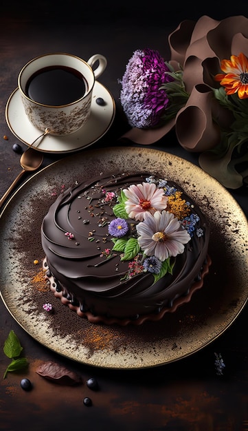 Gâteau savoureux avec une tasse de café dans la table