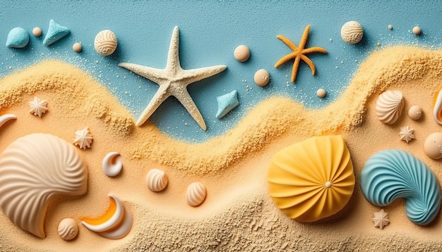 Un gâteau avec une scène de plage et des étoiles de mer dessus.