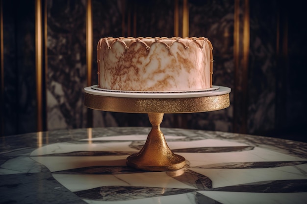 Un gâteau sur un support en or avec un gâteau marbré sur le dessus.