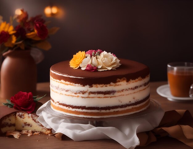 Gâteau sur table en bois généré par l'IA