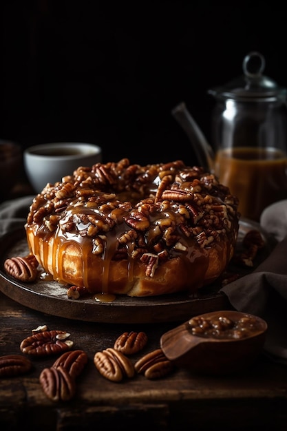 Gâteau à la tarte aux pacanes avec une garniture à l'érable et aux pacanes sur le dessus