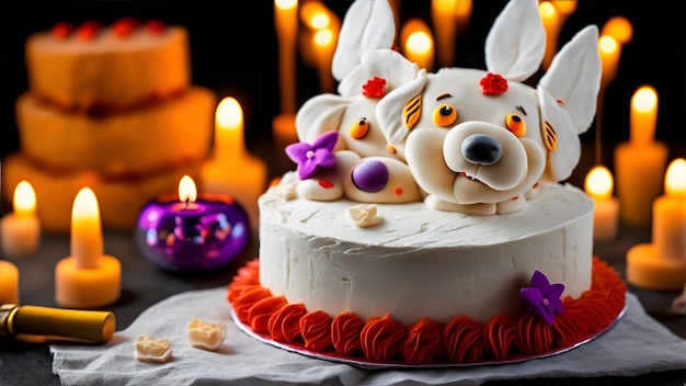 Un gâteau avec une tête de chien dessus