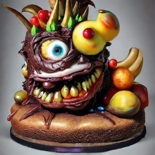 Un gâteau avec une tête de monstre dessus