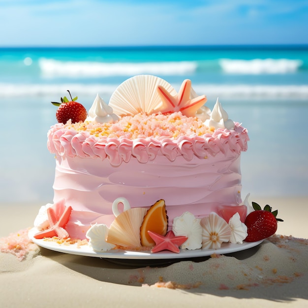 Photo gâteau sur le thème de la plage pour une fête d'anniversaire bannière dépliant ou publicité