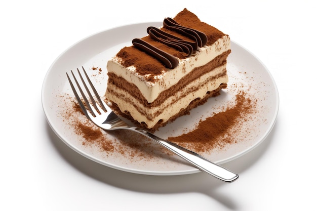 Gâteau tiramisu sur une assiette isolée sur blanc