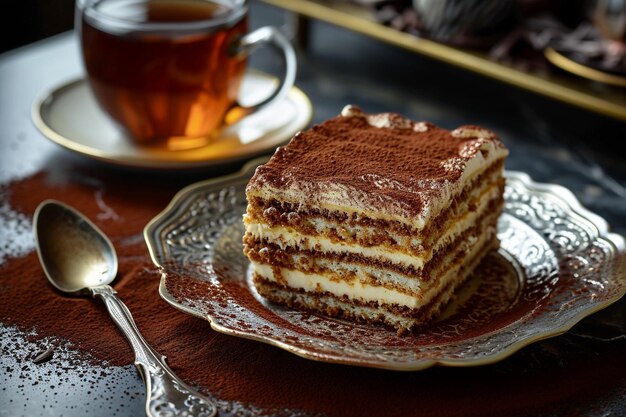 Photo gâteau de tiramisu avec de la poudre de cacao sur le dessus servi avec du thé