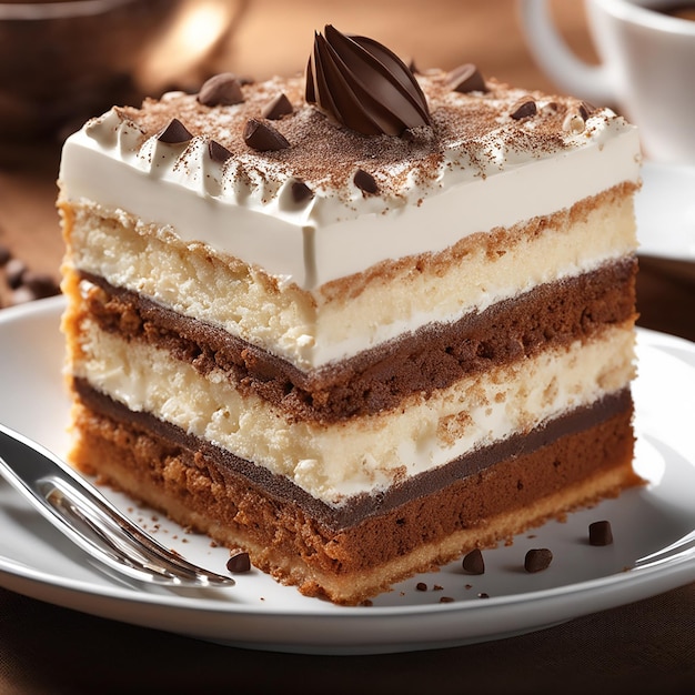 gâteau de tiramisu tranché avec de la crème et du chocolat