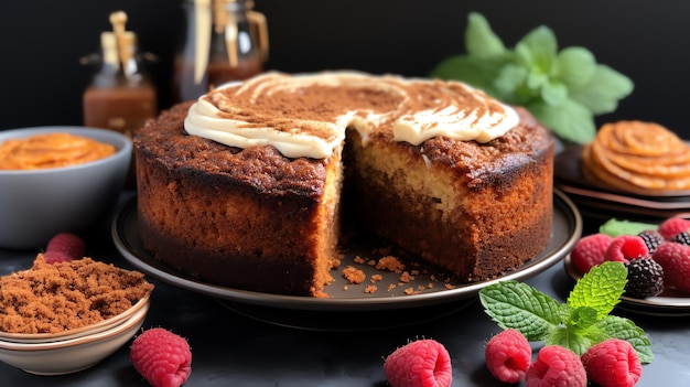 un gâteau avec une tranche coupée