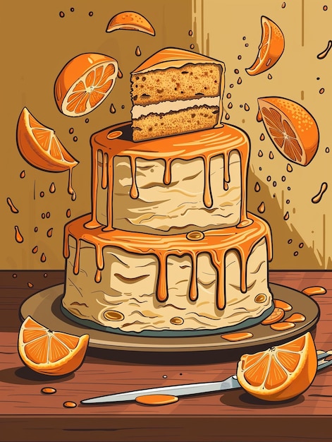 Photo un gâteau avec des tranches d'orange et un couteau sur une table